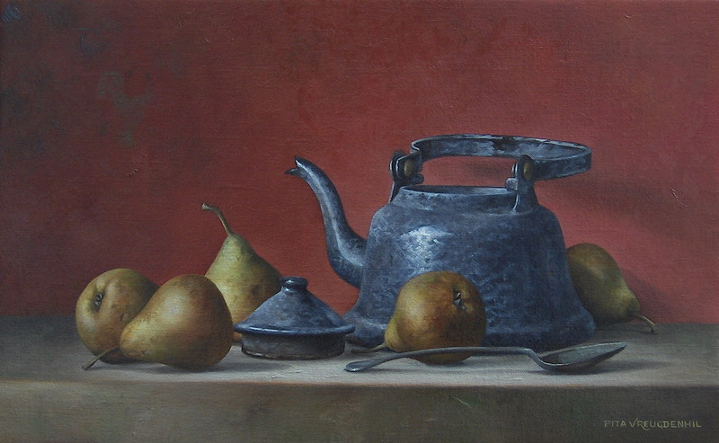 Stilleven met keteltje en peren