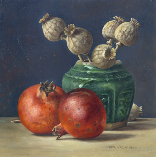 Stilleven met gemberpotje met papavers