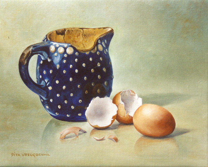 Stilleven met blauw kannetje