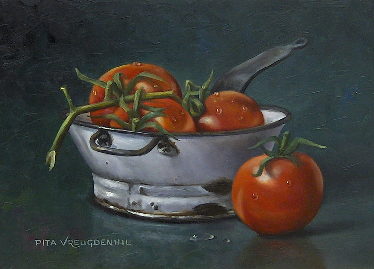 Stilleven met trostomaatjes in een emaille vergietje