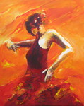 De schilderijen in de reeks FIESTA GITANA hebben tot doel de kleuren en de bewegingen van de Spaanse flamenco tot uitdrukking te brengen. Inspiratie vind ik in mijn regelmatige reizen naar Andalusië (Sevilla, Cordoba enz). In mijn schilderijen probeer ik de sfeer van Andalusië en de flamenco weer te geven.