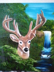 Hert bij waterval in Bob Ross stijl...