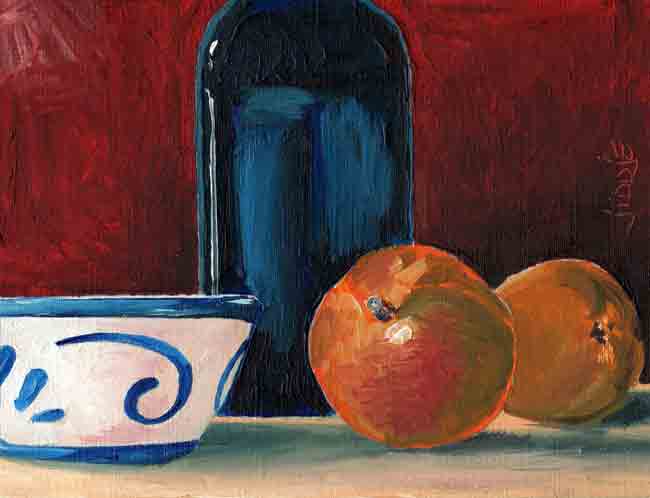 Stilleven met necatrines, schaaltje en fles