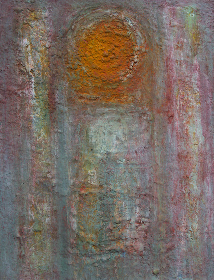 Glas in lood met oranje cirkel