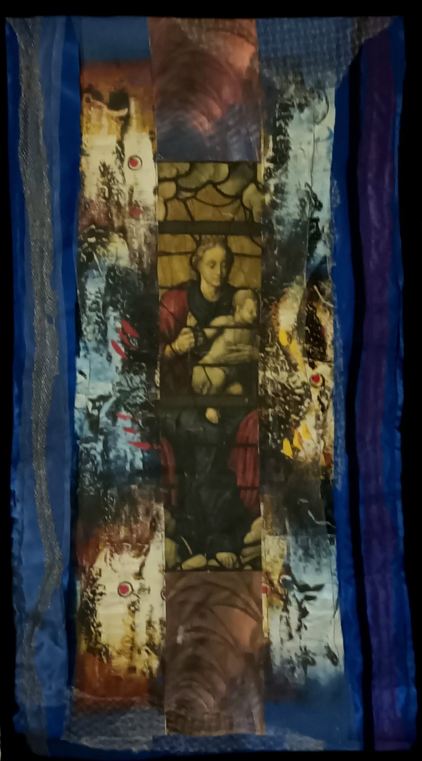 Icoon glas in lood verwerkt in textiel