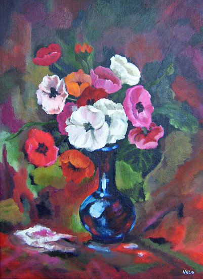 bloemen in blauw vaasje