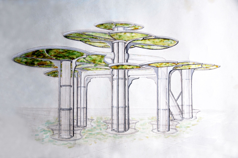 Fontein , bomen in de stad