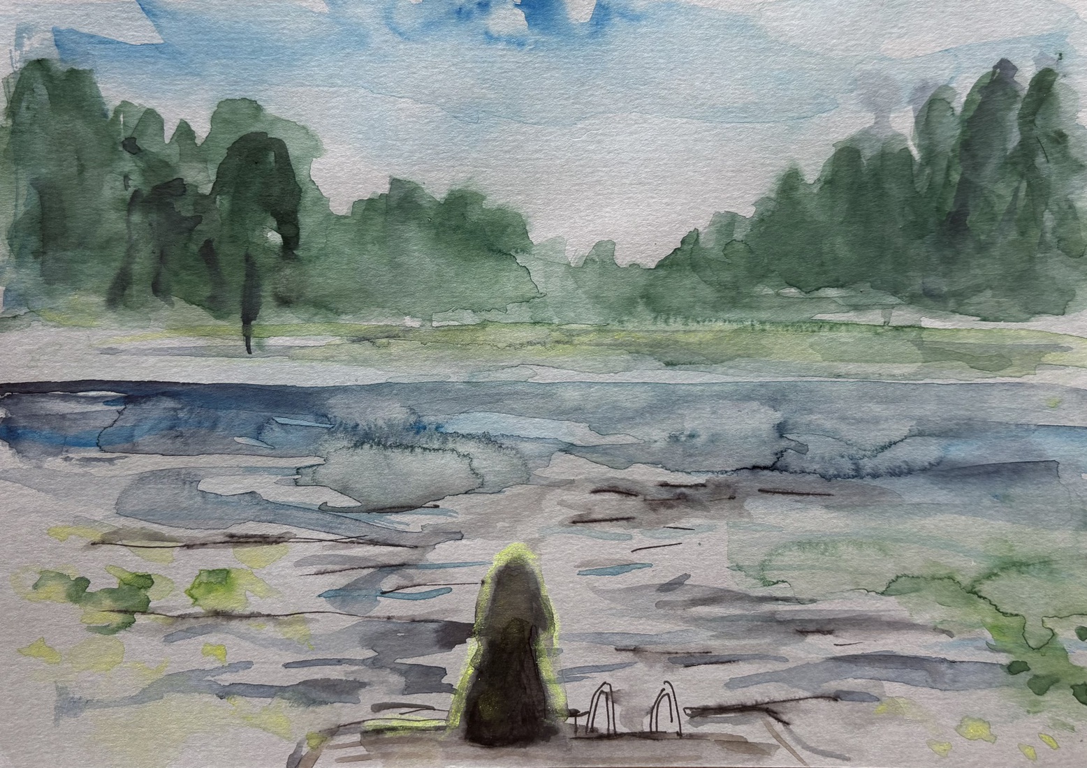 View on Vännerstasundet with jetty and woman