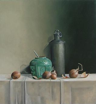 Stilleven met tinnen kruik