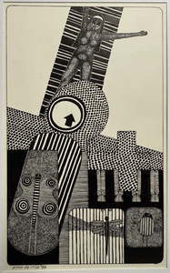 Pentekening en Oost-indische inkt, soms gecombineerd met waterverf, kleurpotlood, lijm etc.