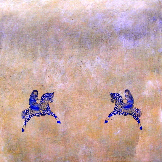 Twee paarden in de lucht.