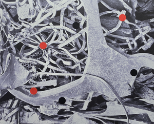 Graphic interventions with flat dots that activate, disrupt, and reorient the chaotic material field.