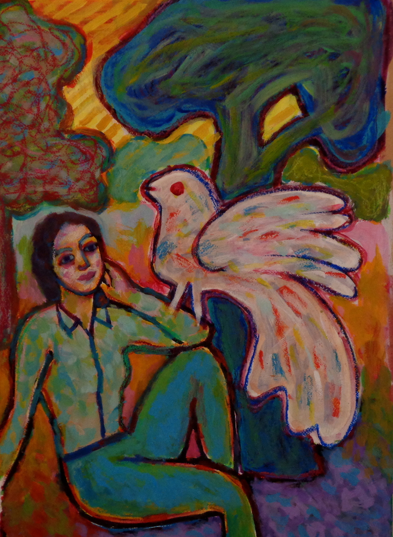 Het mooie meisje, de vogel en de bomen ( á la Corneille )