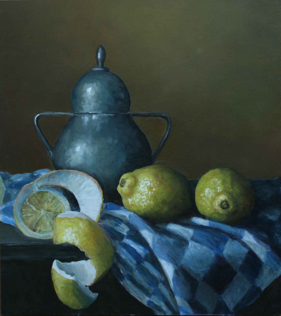 Citroenen met tinnen suikerpot