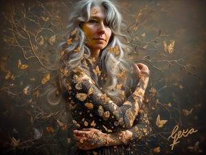 Digital fine art. Te koop als eenmalige print (op verzoek, prijs afhankelijk van materiaal en formaat print), zodat je altijd een uniek kunstwerk aan de muur hebt.
In deze serie onderzoek ik de psychologische kant van de biologische overgang van de vrouw. Niet als verlies, maar als transformatie. Het goud symboliseert innerlijke kracht en waarde. Een innerlijke reis in 10 beelden.