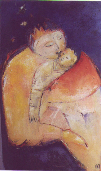 Moeder kind in blauw