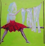 VROUW De was haar schuilplaats boven en onder waar is zij zichtbaar Madonna en Maria, moeder, vrouw van troost en wijsheid. Mooie vrouw op voetstuk. Hoe kan ze meer op aarde komen, zodat ze weer gewoner, menselijker en alledaagser wordt.