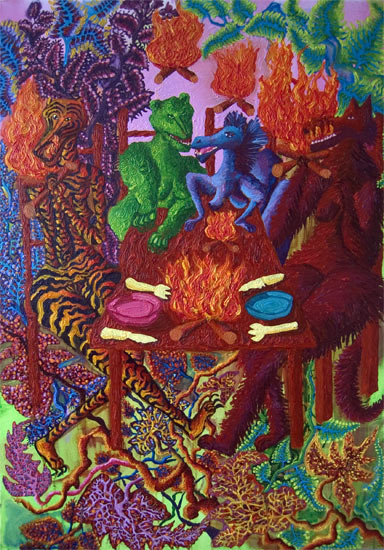 Diervrouwen eten vuur van leven