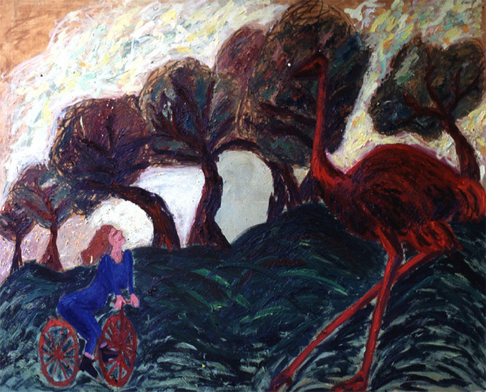 Fietsend meisje komt struisvogel tegen.