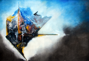 schilderijen ontstaan met gebruik van lijmen, zand en met acrylverf/ olieverf