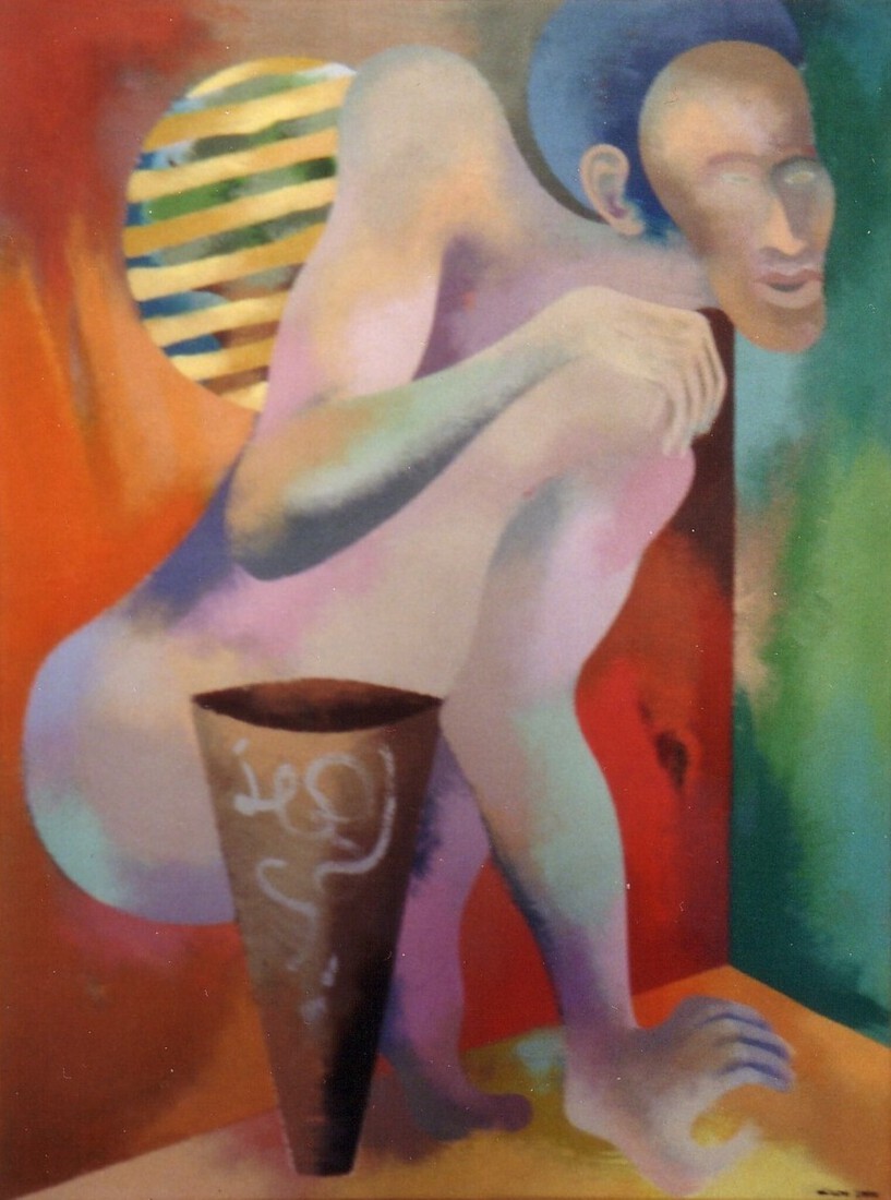 Crouched figure with mask