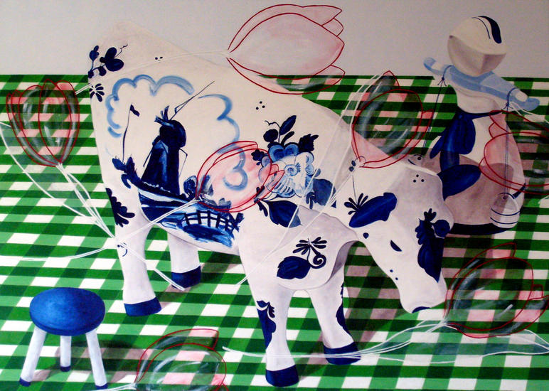 Stilleven met delftsblauwe koe