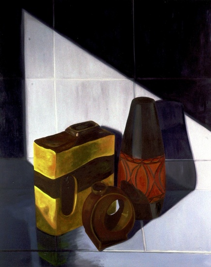 Stilleven jaren 70 vazen in badkamer