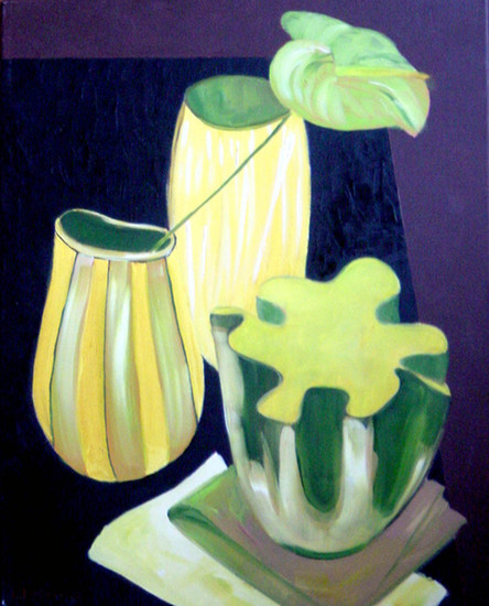 Stilleven met geelgroene vazen