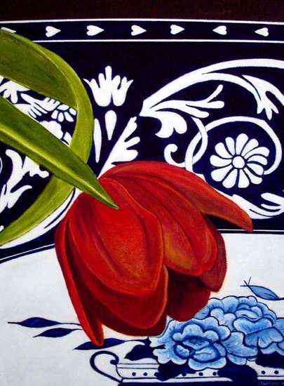 Stilleven met tulp in schaal