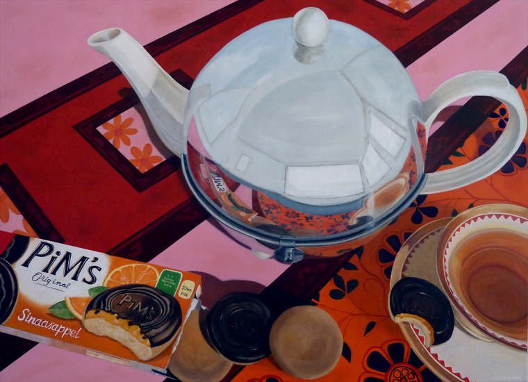 Stilleven met theepot en cakejes