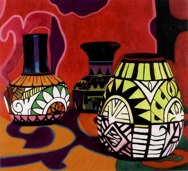 Stilleven met drie mexicaanse vaasjes