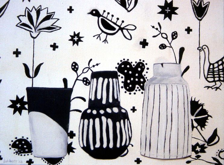 Stilleven met drie vaasjes en bloemen zwartwit