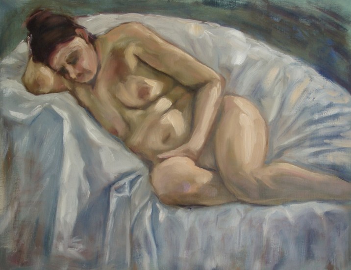 Liggend vrouwelijk naakt op witte doek