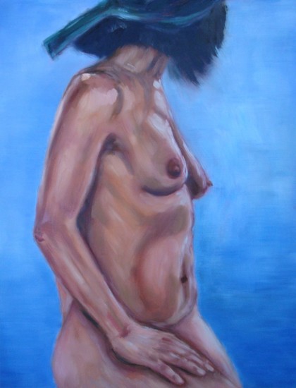 Halfzittend vrouwelijk naakt met hoed