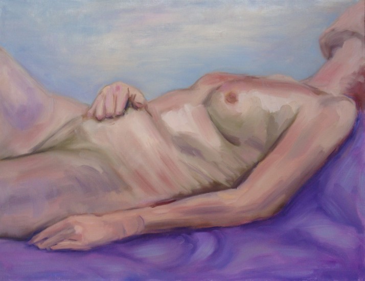 Liggend rouwelijk naakt op paarse doek