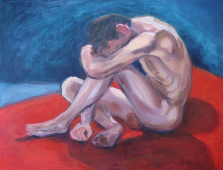 Gebogen zittend mannelijk naakt