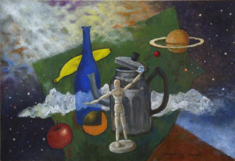 Pop met ketel en blauwe fles