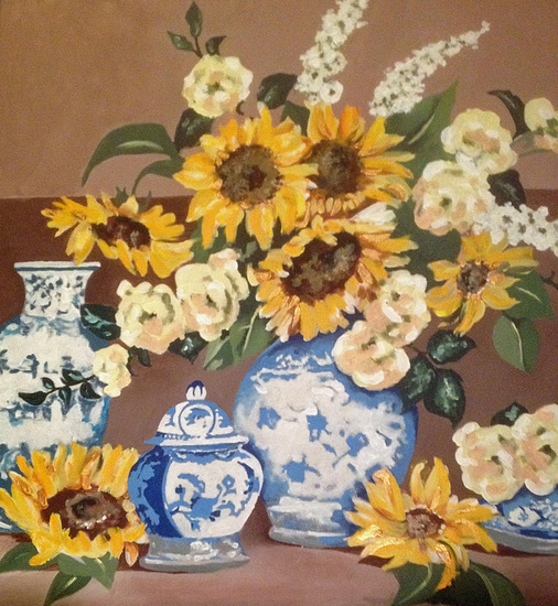 Zonnebloemen in Delfts Blauw