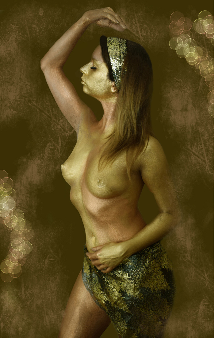 The Golden Lady - Unieke foto van bodypaint geïnspireerd op Klimt's werk, luxueus gedrukt op plexiglas