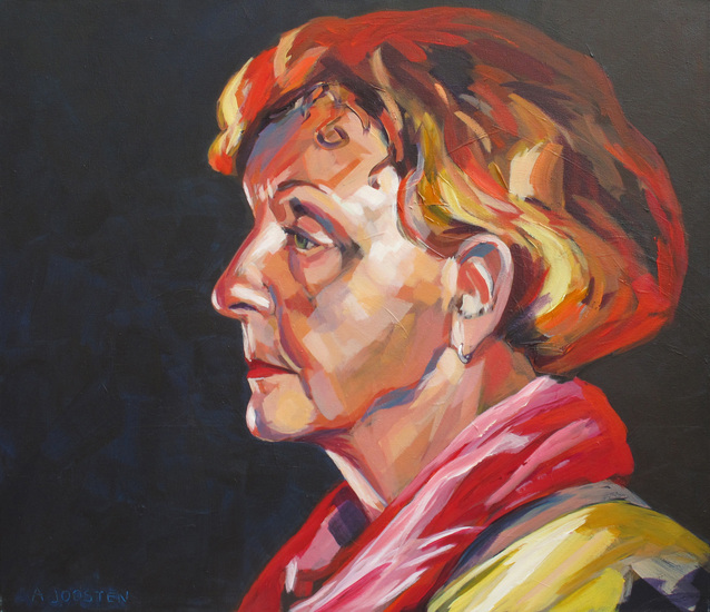vrouw met rode shawl