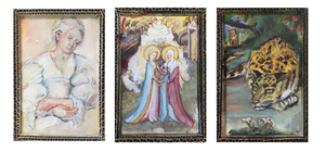 Bij bestudering van de kunstgeschiedenis schilder ik kunstwerken na op klein formaat 15x 10 cm. In olieverf, omgeven door een golfkartonrand. Formaat en detail vragen om een vrije impressie.