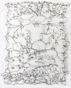 Met ijzerdraad maak ik grafische driedimensionale tekeningen, die door schaduw een beweeglijke element hebben, deels op paneel, deels zonder drager los in de ruimte. Vaak ontstaat een ijzerdraadwerk in een thema.