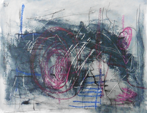 Klein werk( 30 x 40 of kleiner) op papier in gemengde techniek met name krijt en conte met acryl