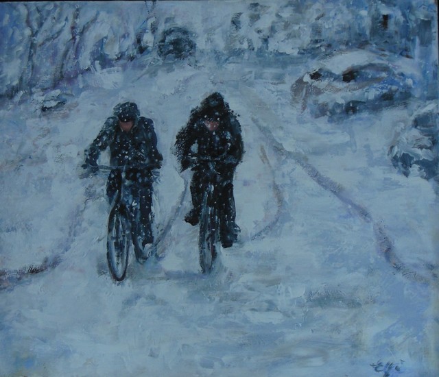 Fietsers in de sneeuwstorm