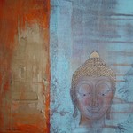 Boeddha warm koud met losse goud pigmenten in de acryl verf