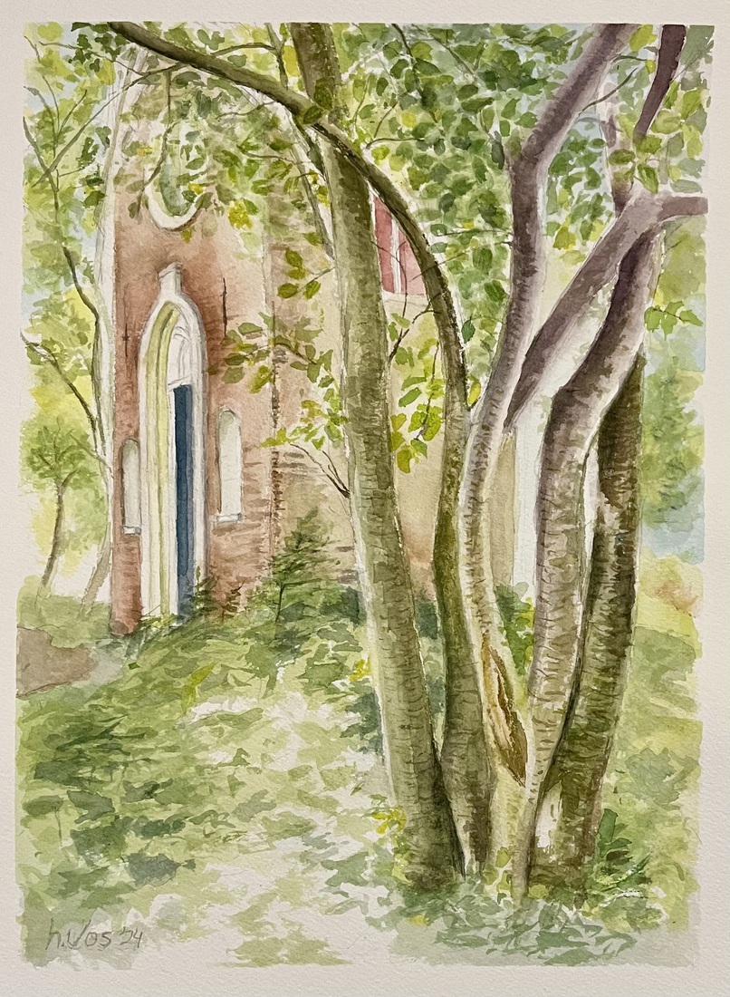 Aquarel (21 x 29 cm) Achter het landgoed Sandwijck in De Bilt staat deze bijzondere folly in de vorm van een (schijn)kapel. 