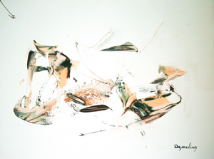 ingetogen, abstracte composities, trefzeker en direct op het witte doek. 
Het doek zoveel mogelijk wit laten is voor mij synoniem voor ruimte, licht en rust.
