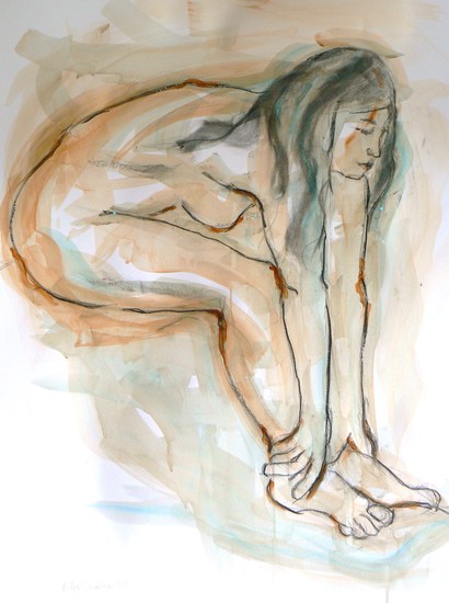 Model with hands around her encle