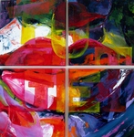 fris gekleurd vier-luikje met de afbeelding van een mond op de achtergrond en de tekst:TO GET HER er overheen geschilderd.