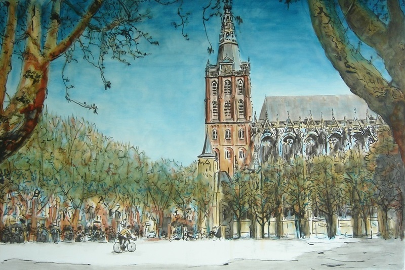 MARQUA117 Sint Jan Kathedraal, bomen en terrassen aan de Parade 's-Hertogenbosch